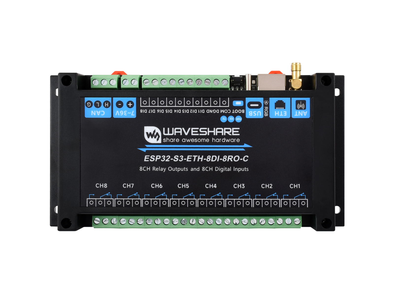 Top-down view of the Switchback module showing relay output terminals, channel labels, and digital input row