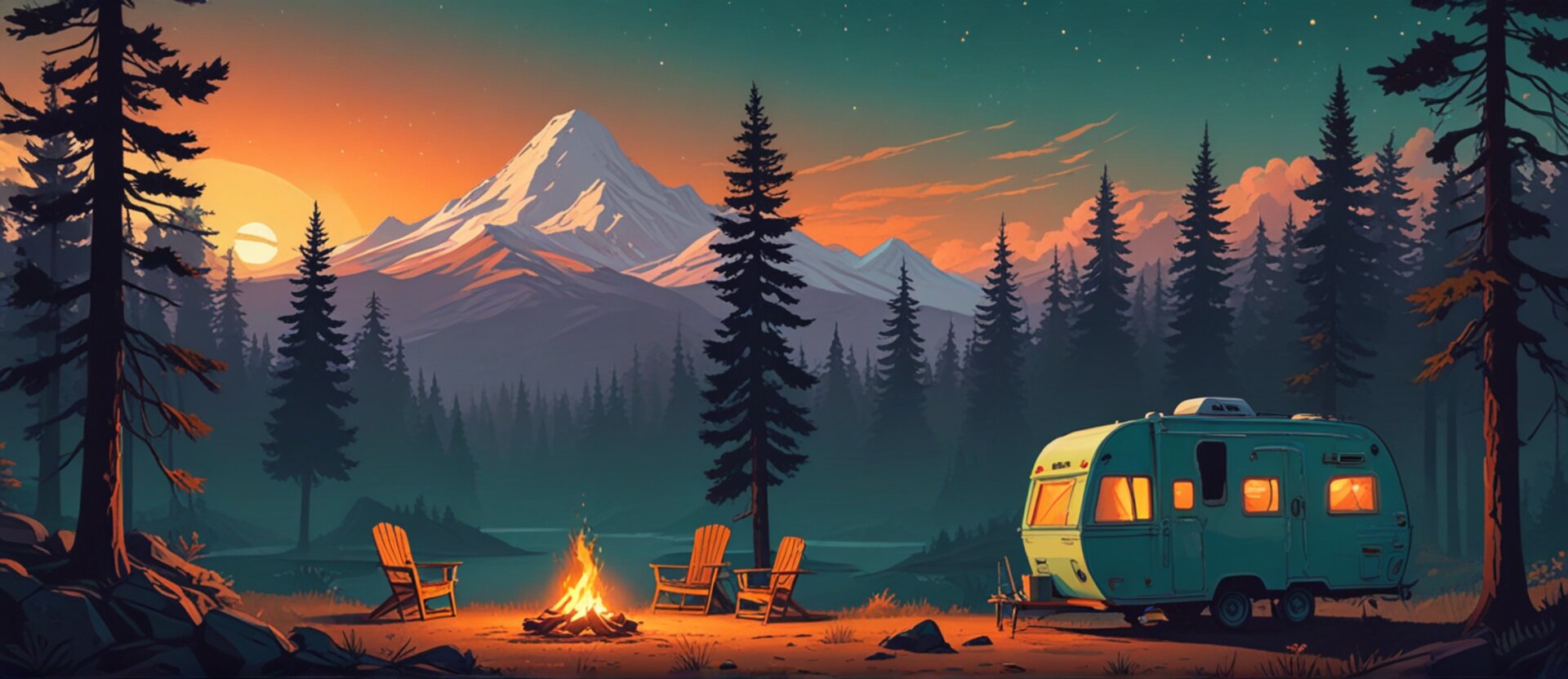 A teal travel trailer with glowing windows at a forest campsite at dusk, a campfire burning between camp chairs below a snowy mountain