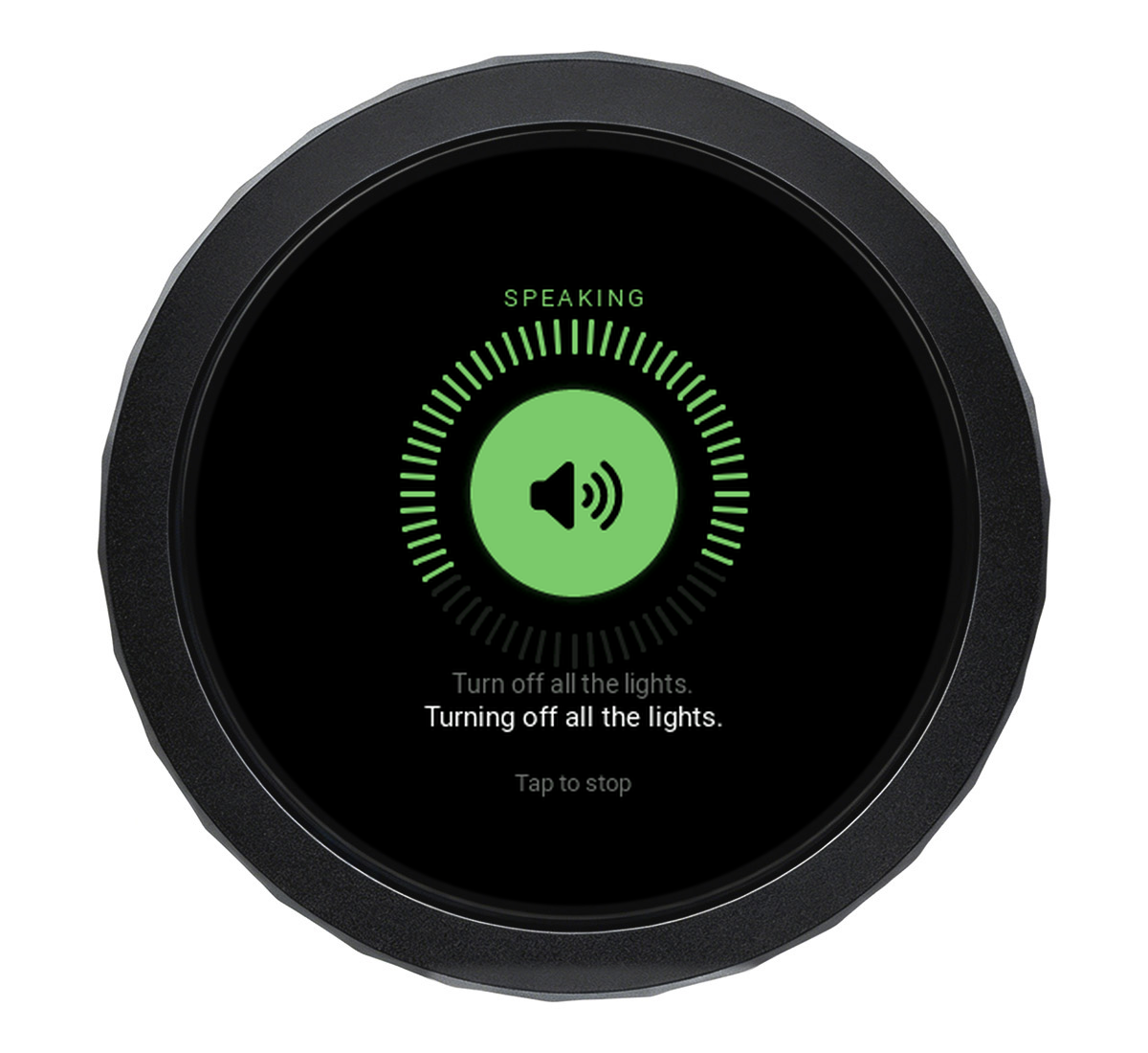 The black Waveshare ESP32-S3 Knob running Tiercel, its round screen showing Peregrine speaking: Turn off all the lights. Turning off all the lights.