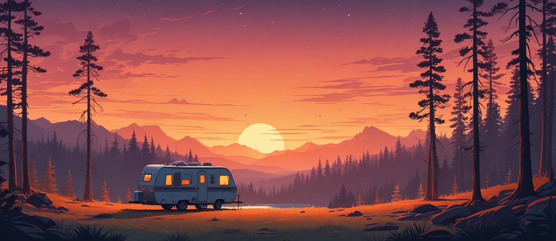 A travel trailer parked in a pine forest clearing at sunset with layered mountain ridges beyond