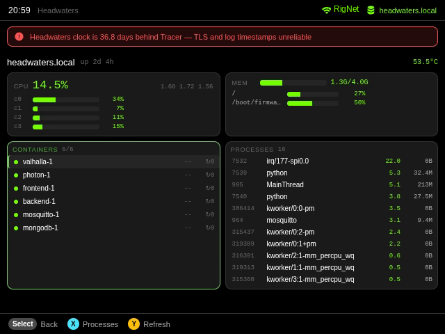 Tracer Headwaters screen showing CPU, memory and temperature alongside a list of running containers