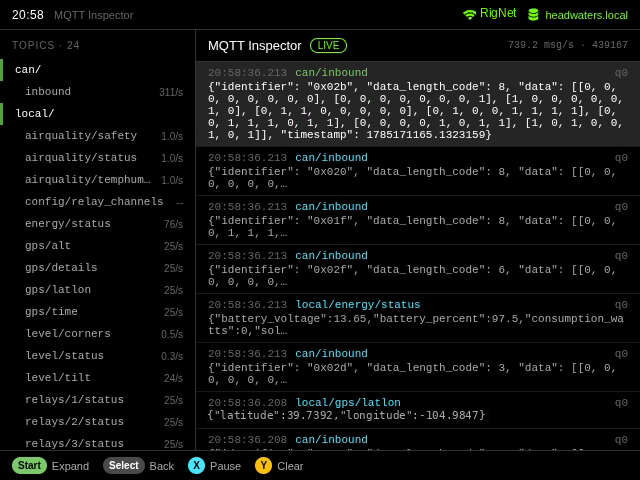 Tracer MQTT Inspector showing a topic tree on the left and a live scrolling feed of MQTT messages with payloads on the right