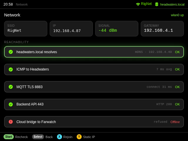 Tracer Network screen with SSID, IP, signal and gateway tiles above five reachability checks