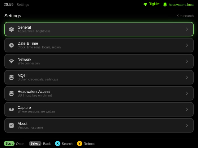 Tracer Settings screen with grouped rows for General, Date and Time, Network, MQTT, Headwaters Access, Capture and About