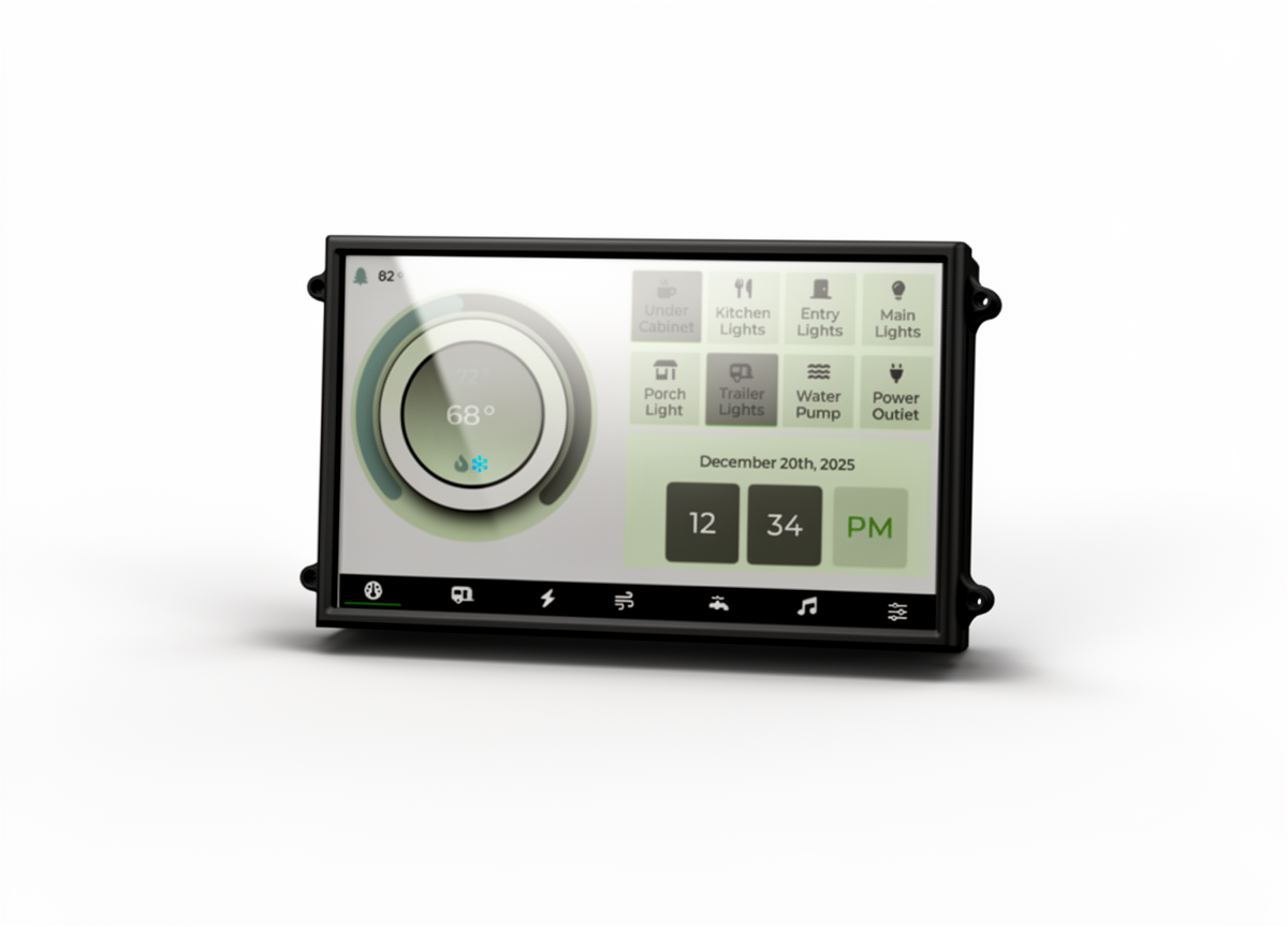 Wall-Mounted Touchscreen Display showing thermostat and light controls