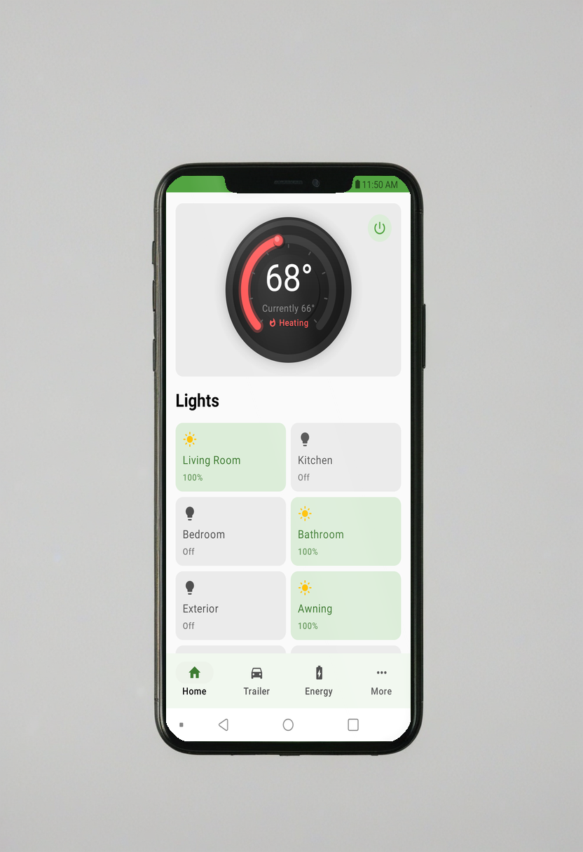 TrailCurrent Android app showing thermostat and light controls on a smartphone